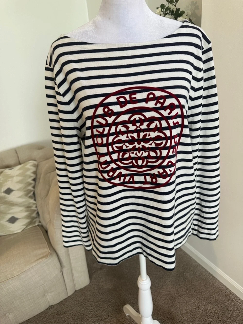J. Crew White & Black Striped Sweater with Red Graphic